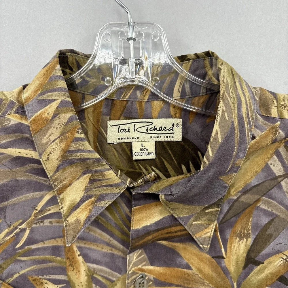 Tori Richard Shirt Mens Large Brown Gray Yellow Leaf Aloha Cotton Lawn Vintage‎